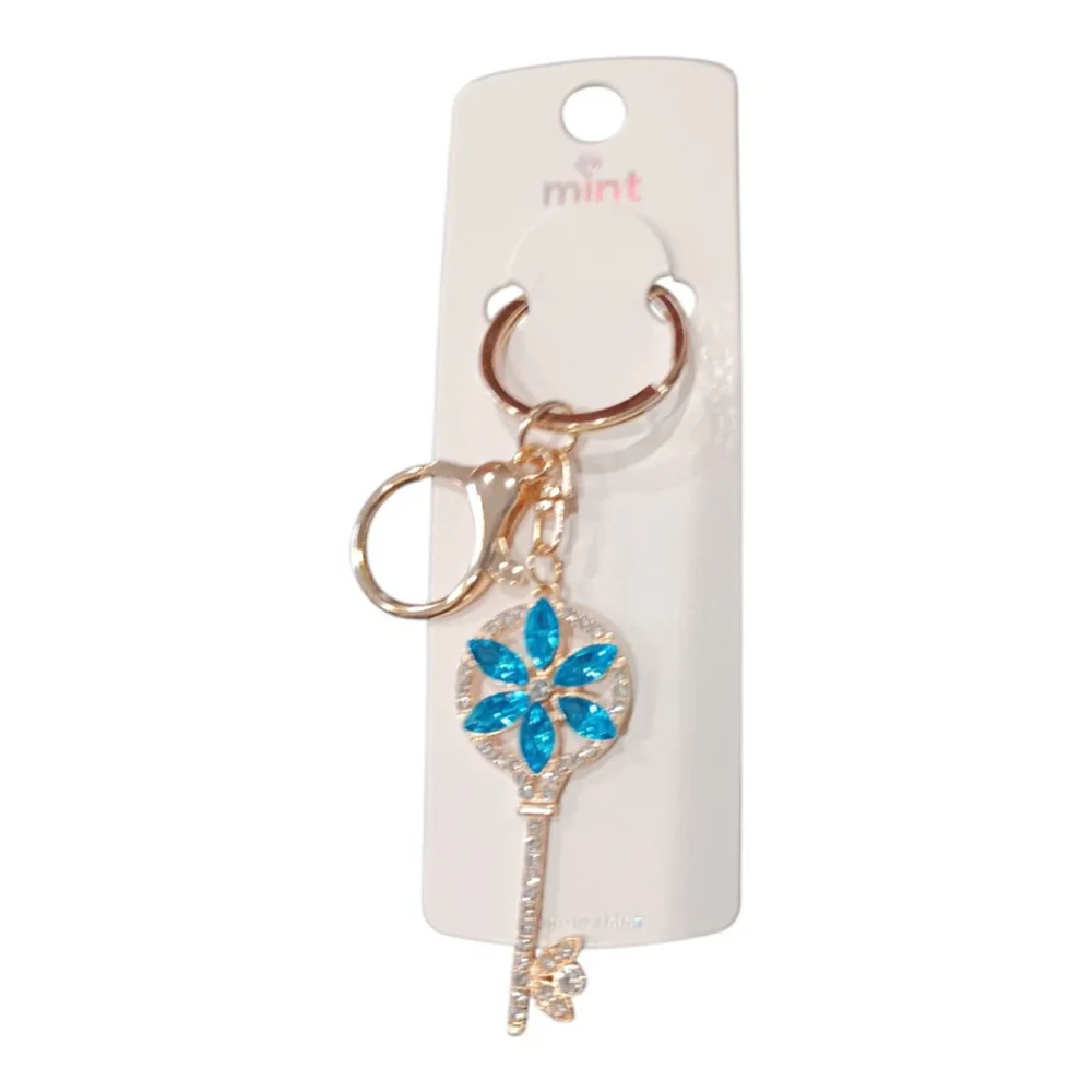 Skeleton Key Flower Keychain Purse Charm in Blue